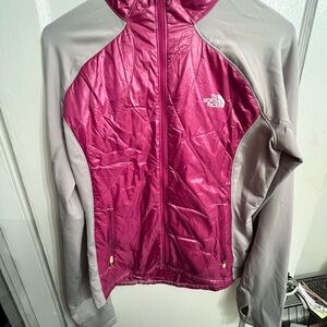 The North Face Women's Pink and Gray flight series primaloft jacket.